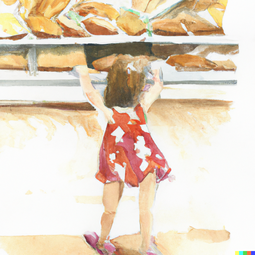 A little girl with a swimsuit asking for loaf of bread in a shop watercolor
